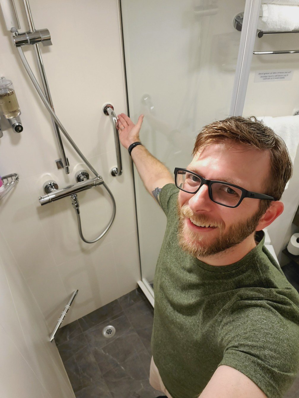 Reaching Across a the Shower - Very Large Showers in Standard Staterooms on Nieuw Statendam